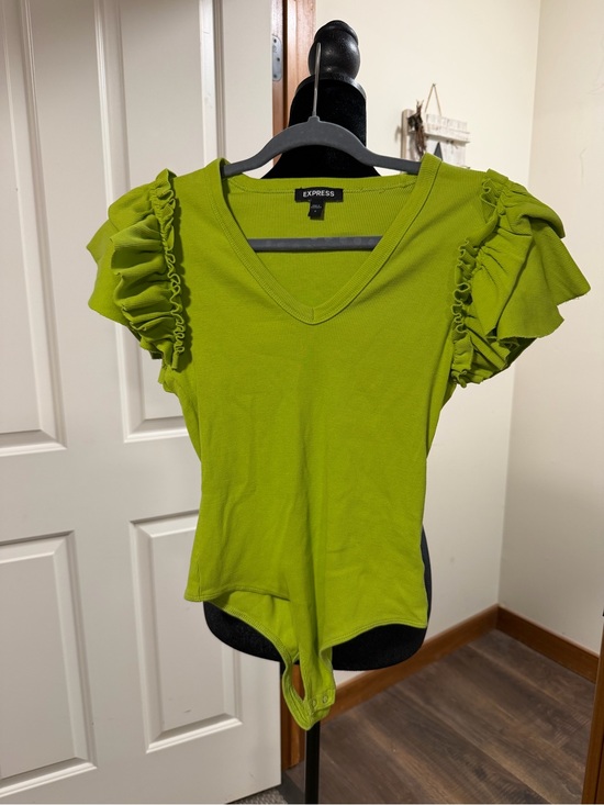 Express Tops - Express Lime Green Ruffle Sleeve Ribbed Bodysuit Size Small